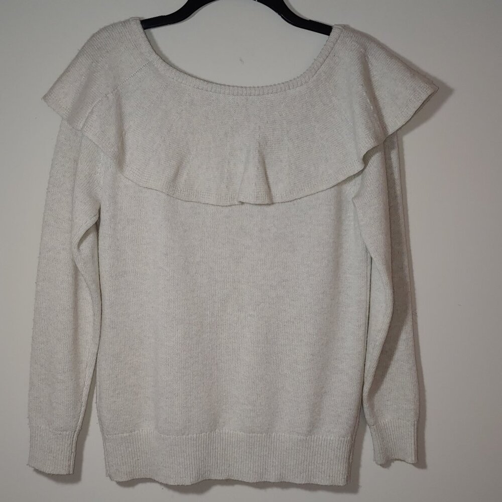 Banana Republic Cashmere Blend Ruffle Off Shoulder Sweater Sz S Oatmeal White